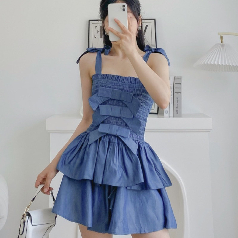 Set áo hai dây bo chun phối nơ mix quần đùi ngắn cạp chun giả jean