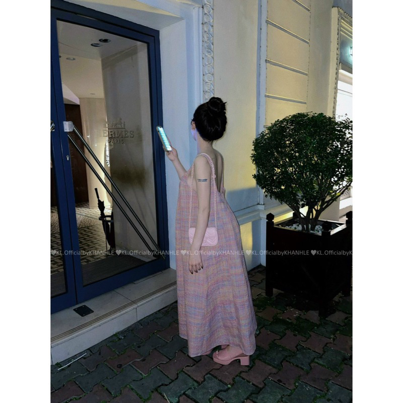 Váy Hai Dây kẻ Caro Hồng Xếp Ly Ngực Và Sau Lưng, Có Dây Điều Chỉnh Form To_ Dài