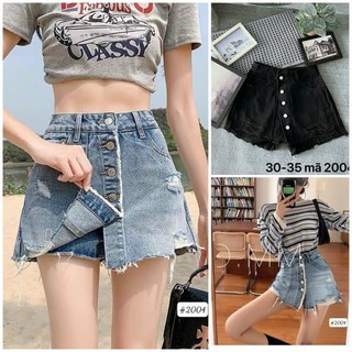 Quần short jean nữ giả váy rách kiểu phối nút size đại