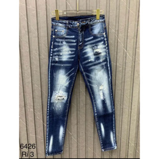 Quần jean xanh đậm rách xù 1 gối mã 6424 dsq