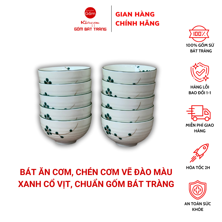 Bát ăn cơm, chén ăn cơm đào xanh cổ vịt, bát ăn cơm gốm bát tràng