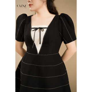 KEIRA - Đầm kẻ đen cổ trắng - Đầm thiết kế bigsize Carna