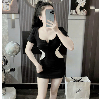 Đầm tay ngắn cổ vuông cài nút phối trắng 2 bên eo ôm body tôn dáng hot hit , chất thun gân mềm mát