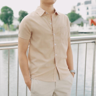 Áo sơ mi nam cộc tay vải đũi cổ bẻ full cúc