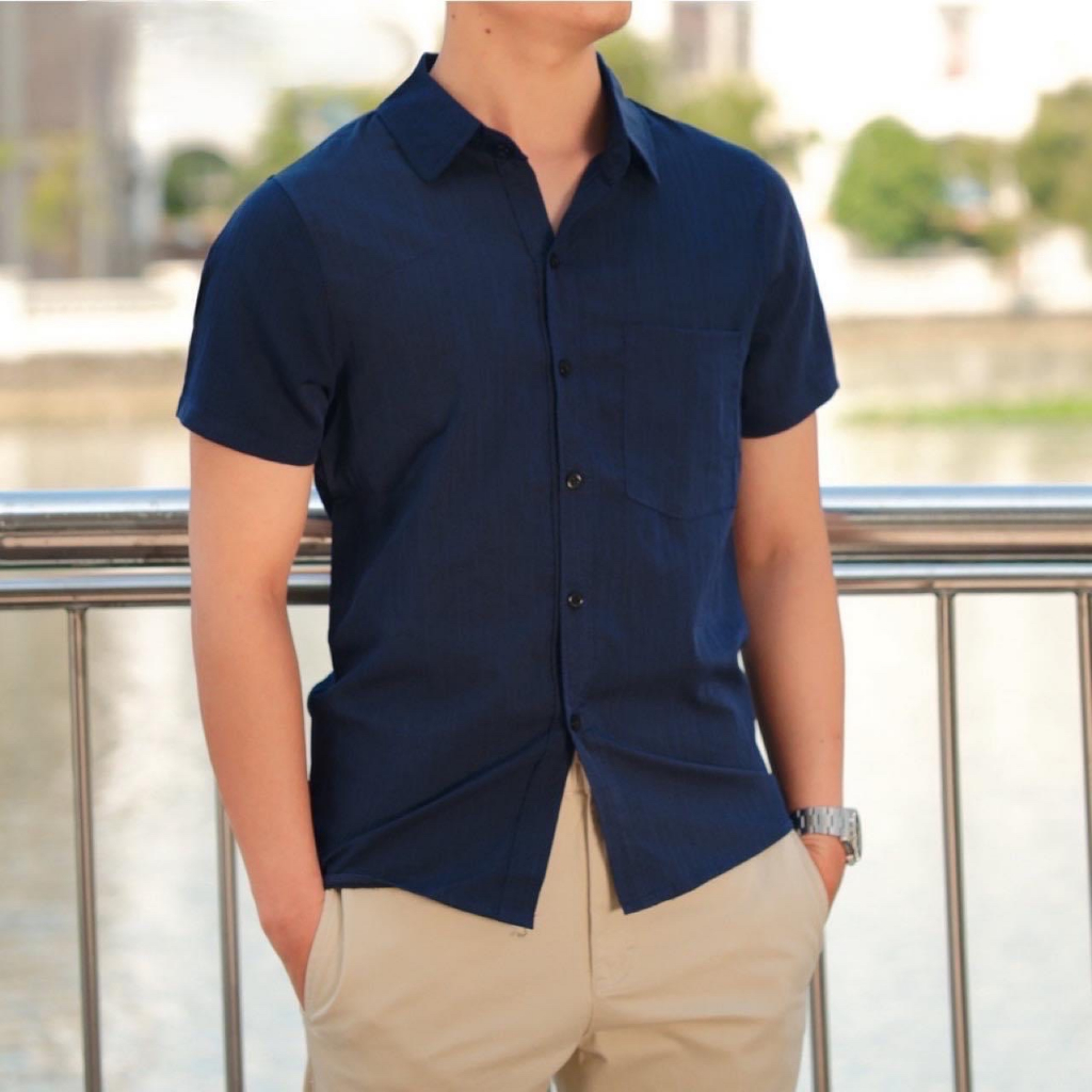 Áo sơ mi nam cộc tay vải đũi cổ bẻ full cúc