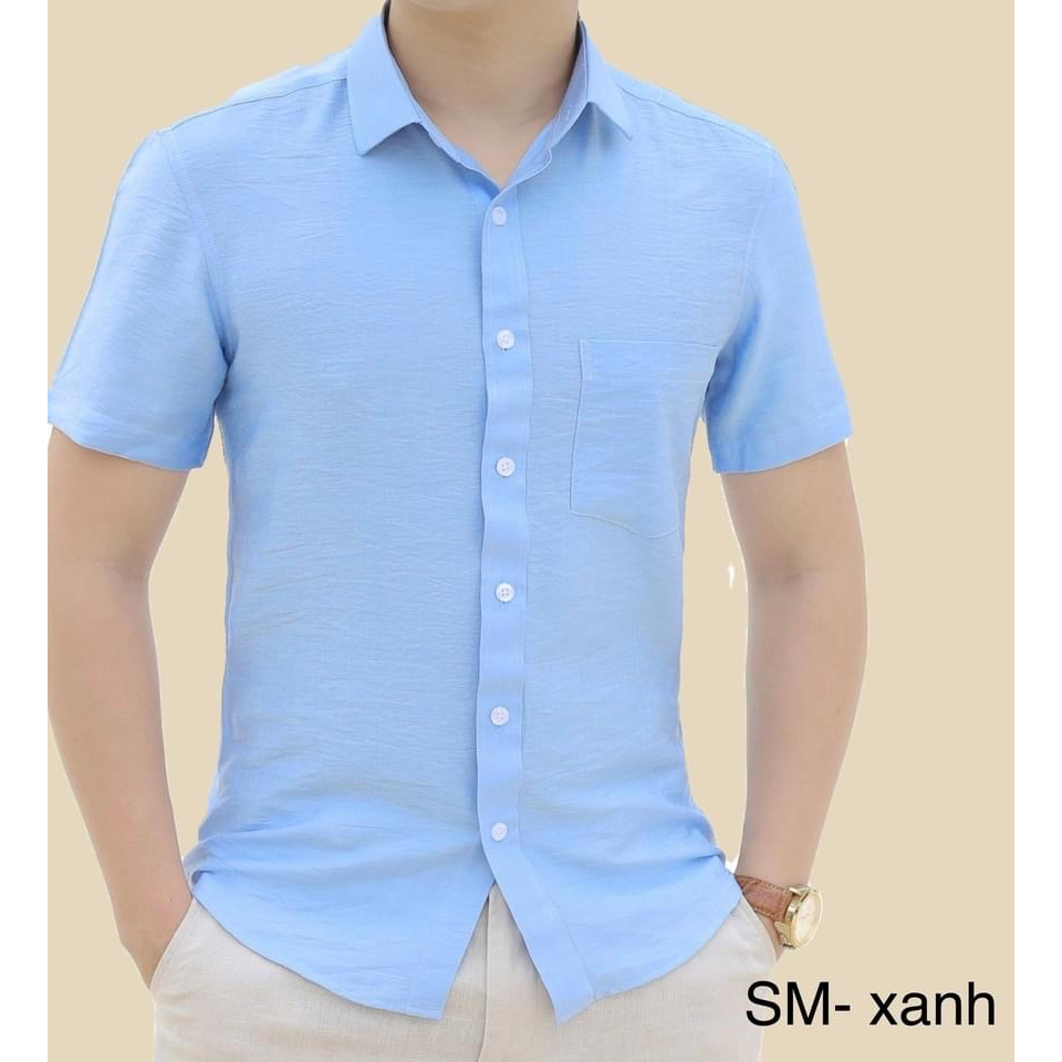 Áo sơ mi nam cộc tay vải đũi cổ bẻ full cúc