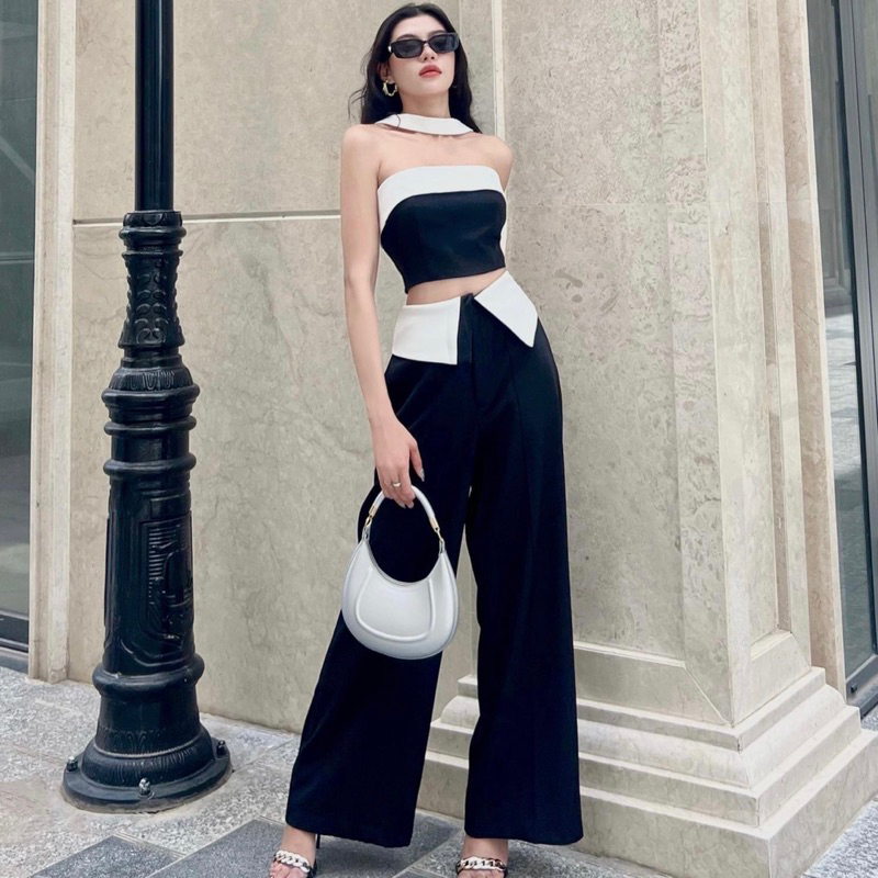 𝐂𝐄𝐋𝐈𝐂𝐀 𝐒𝐄𝐓 • ÁO CROPTOP CÚP NGỰC CHOKER KÈM QUẦN SUÔNG ỐNG RỘNG GẤP EO (may theo số đo)