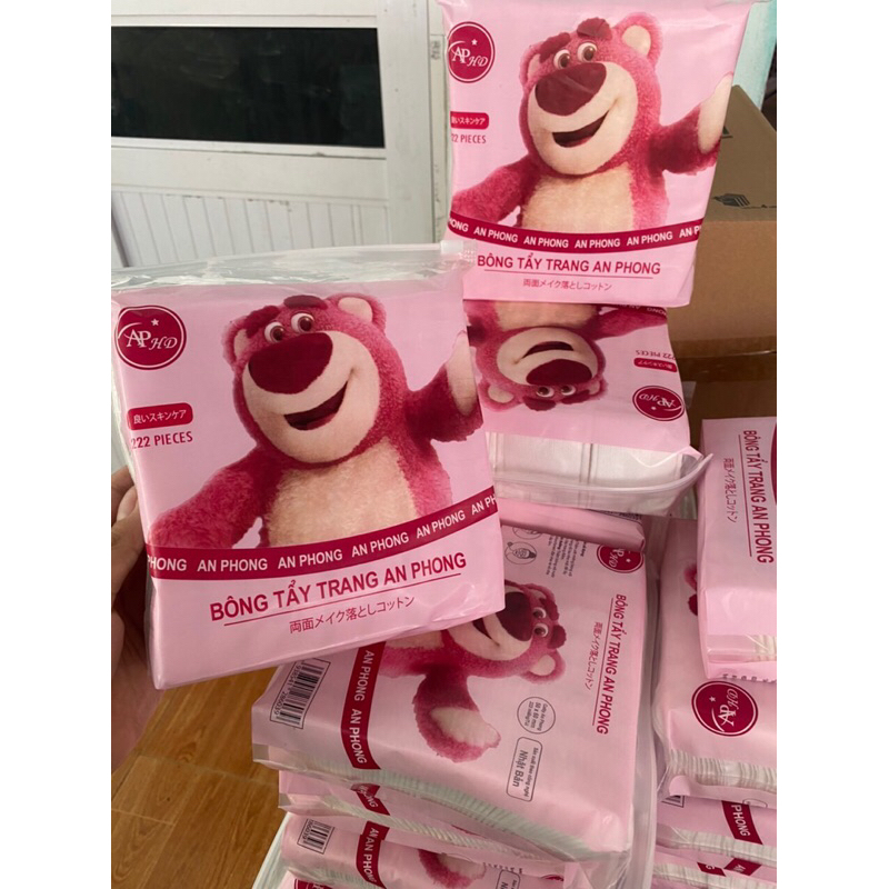 Bông Tẩy Trang Gấu Dâu Tây 3 Lớp - Bông Siêu Mềm Mịn 222 Miếng.