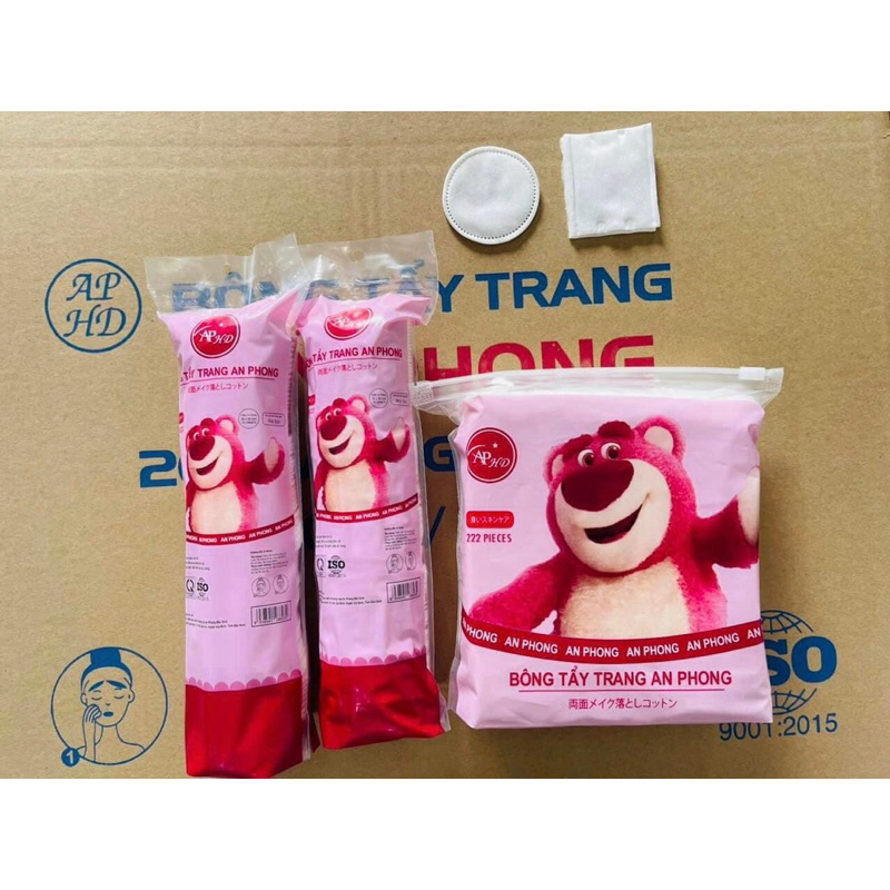 Bông Tẩy Trang Gấu Dâu Tây 3 Lớp - Bông Siêu Mềm Mịn 222 Miếng.