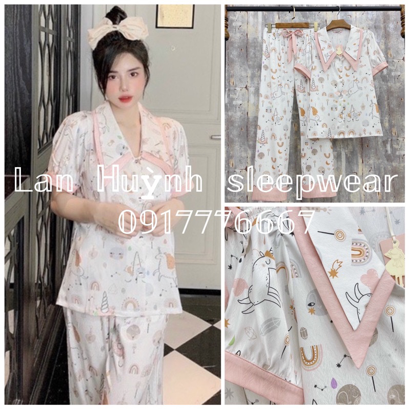 Bộ pijama lụa xước Quảng Châu cao cấp tay ngắn thỏ -dâu