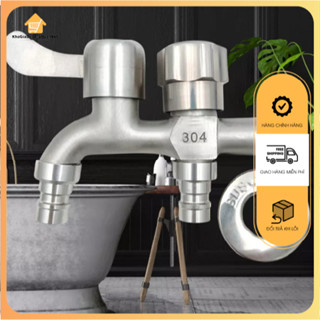 Vòi nước 2 đầu ra inox 304 không gỉ, Vòi nước 2 đầu cho máy giặt chia nước thành 2 cổng xả độc lập