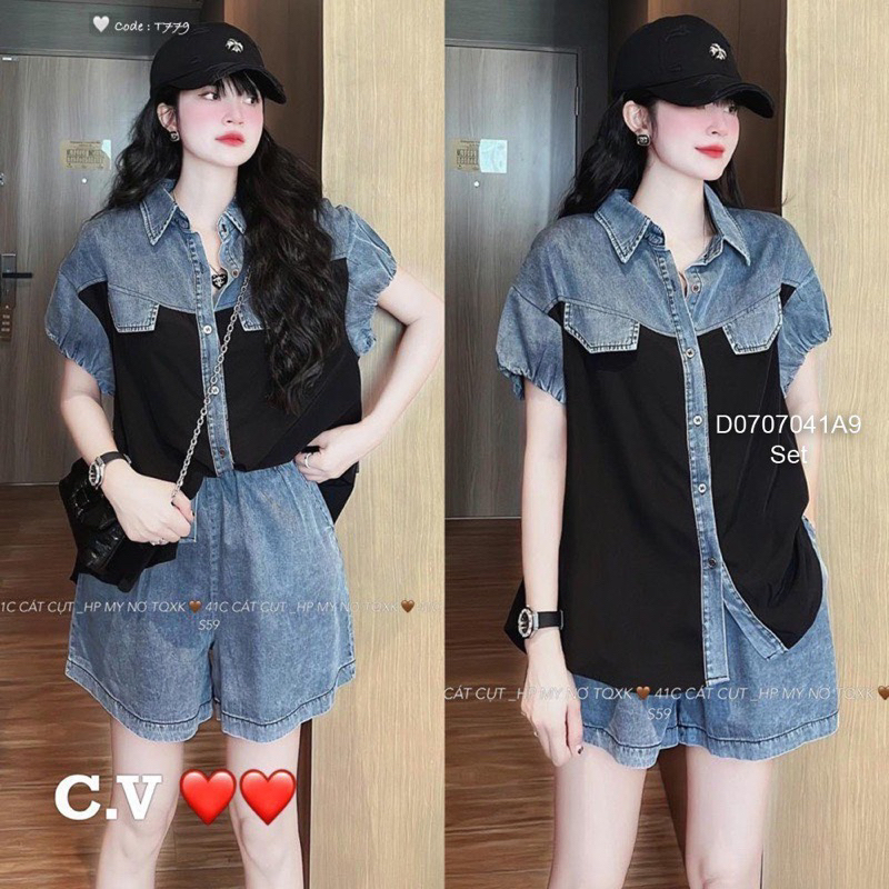 Set bộ áo sơ mi đen phối jean kèm quần short cá tính VIENS STORE