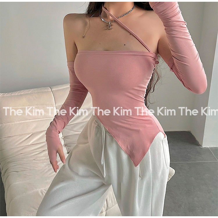 Áo quây màu hồng vạt chéo, kèm tay áo dài tháo rời, thun ống dây chéo cổ ôm body The Kim AD136