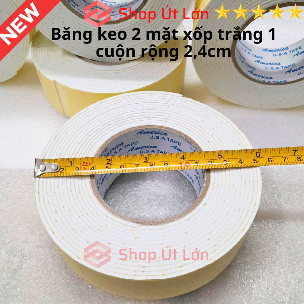 1 Cuộn băng keo 2 mặt xốp trắng, rộng 2,4cm - dày 3mm - dài 6 mét, lõi giấy 3mm