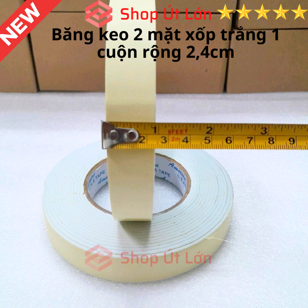 1 Cuộn băng keo 2 mặt xốp trắng, rộng 2,4cm - dày 3mm - dài 6 mét, lõi giấy 3mm