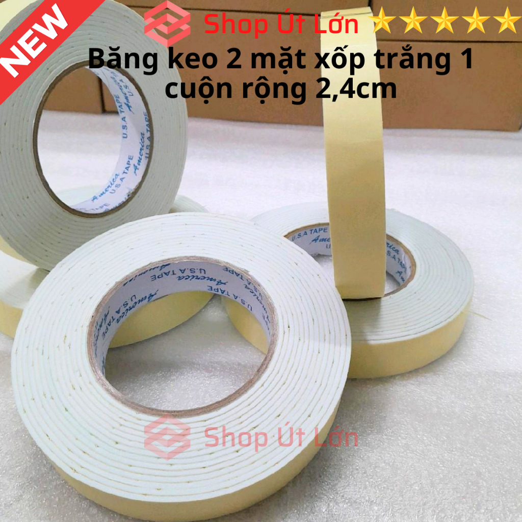1 Cuộn băng keo 2 mặt xốp trắng, rộng 2,4cm - dày 3mm - dài 6 mét, lõi giấy 3mm
