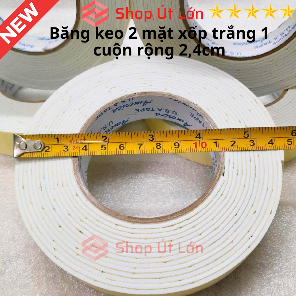 1 Cuộn băng keo 2 mặt xốp trắng, rộng 2,4cm - dày 3mm - dài 6 mét, lõi giấy 3mm