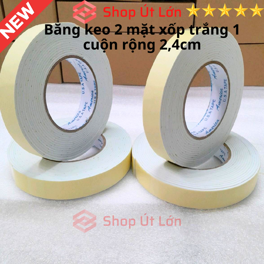 1 Cuộn băng keo 2 mặt xốp trắng, rộng 2,4cm - dày 3mm - dài 6 mét, lõi giấy 3mm