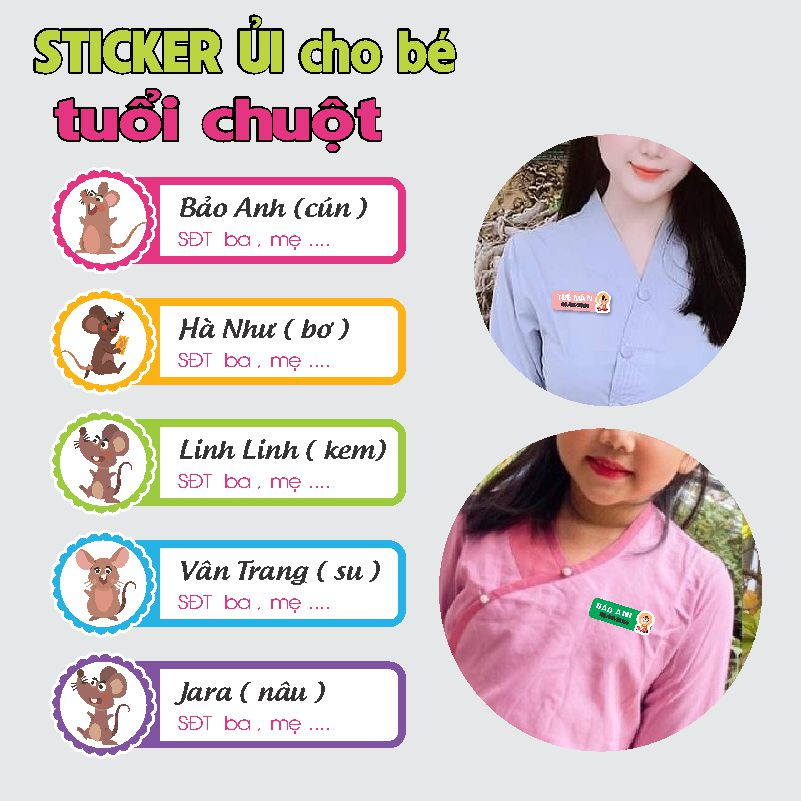 Logo in tên bé theo yêu cầu , ủi balo , mác quần áo , phân biệt đồ giữa các trẻ , tuổi chuột