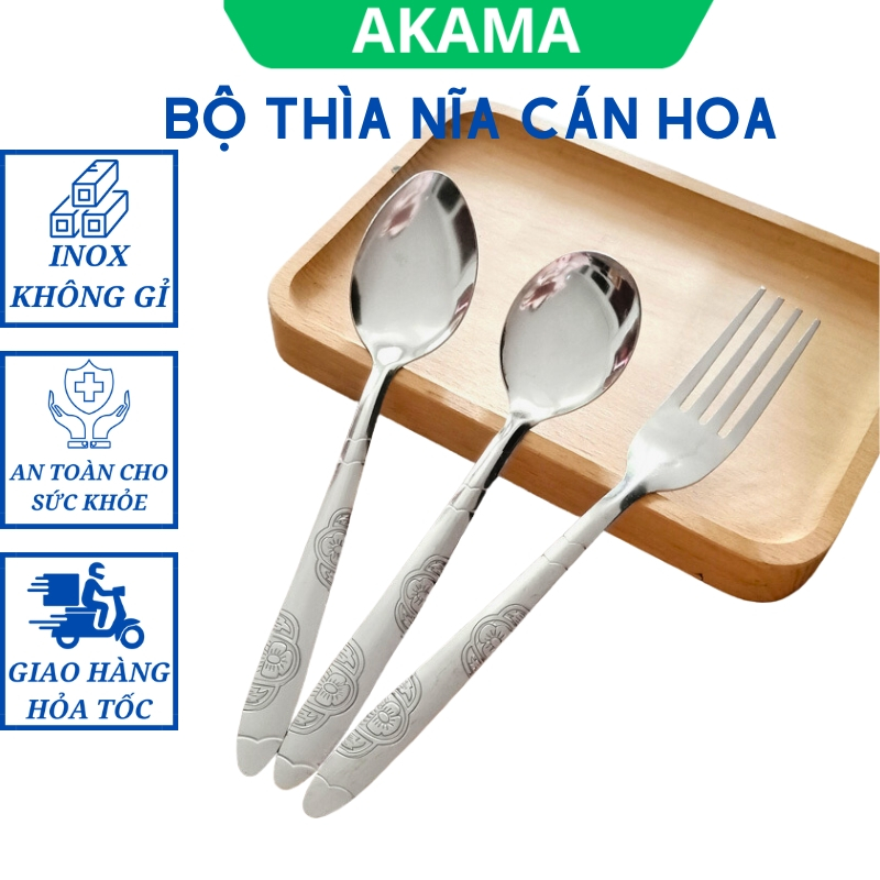 Muỗng inox thìa ăn cơm, nĩa ăn trái cây, cán hoa dài, inox không gỉ sáng bóng, cạnh thìa mài nhẵn mịn