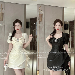 Đầm dáng chữ A vai bồng đính đá nơ ngực tà eo Datasco
