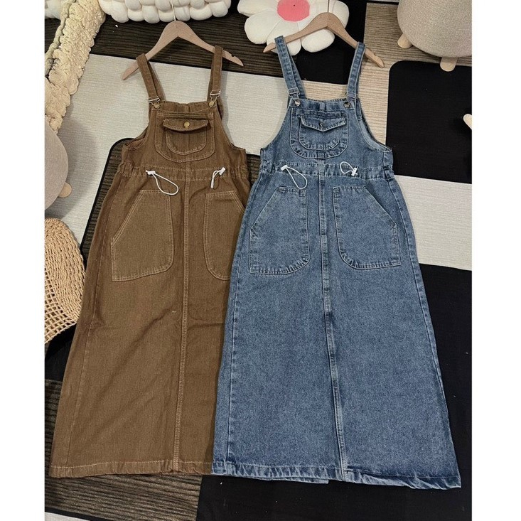 Váy yếm jean chun eo dáng dài phom to