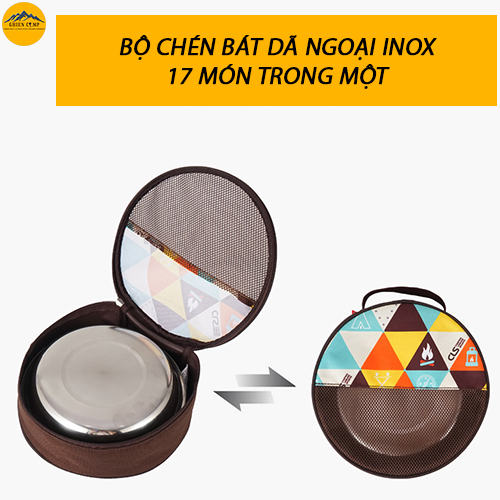 Bộ Chén Bát Gia Đình Inox 17 Món Xếp Gọn Dùng Cắm Trại Dã Ngoại