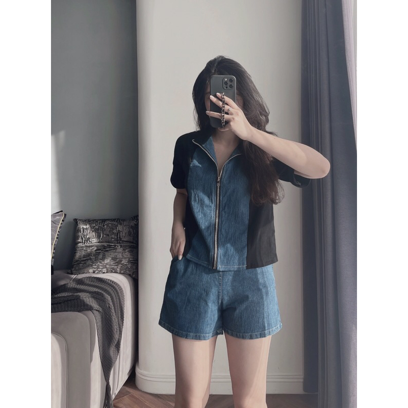 Maihuong⚡️BỘ ĐÙI BÒ XANH KÉO KHOÁ PHỐI ĐEN CHO NỮ