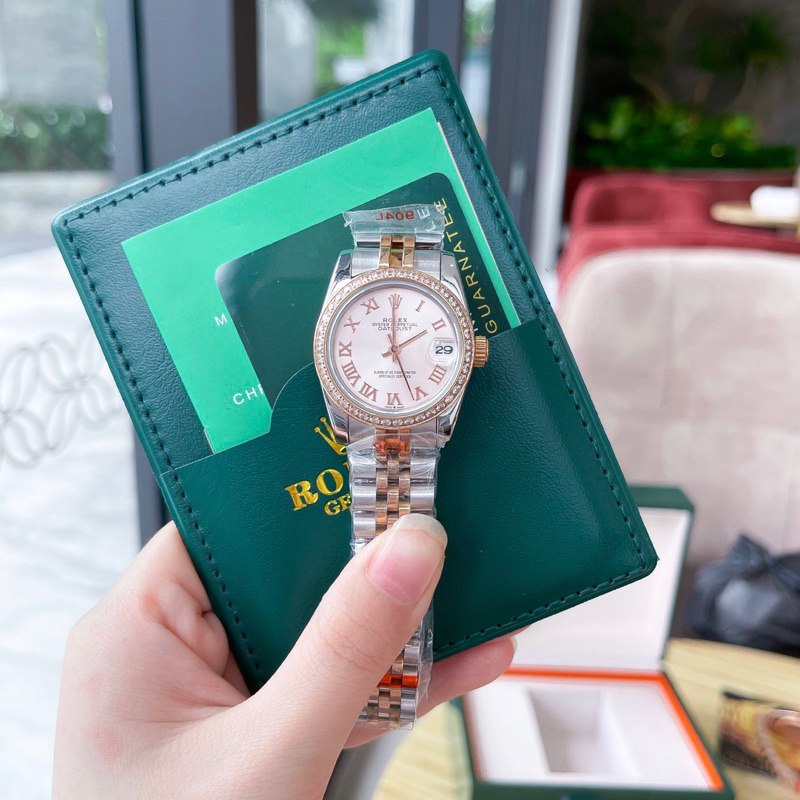 Fullbox hãng Đồng Hồ Rolex nữ mặt hồng đính đá dây demi