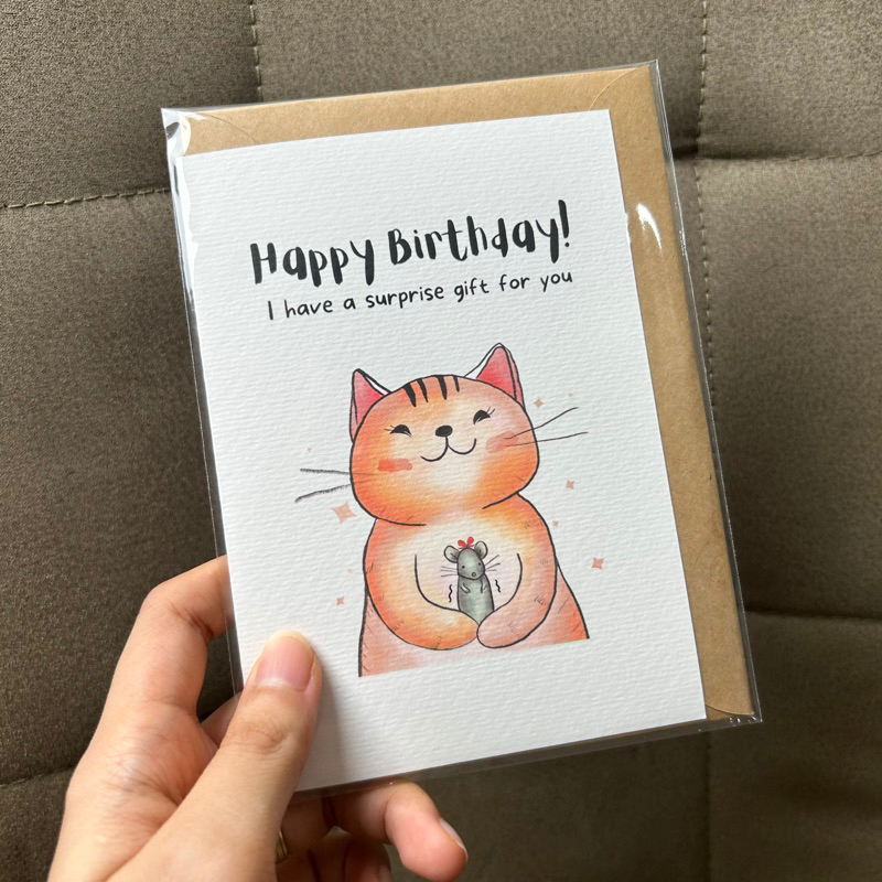 Thiệp Gập Chúc Mừng Sinh Nhật Hình Mèo (kèm bao thư giấy kraft và sticker niêm phong) | Thiệp mèo và chuột hài hước