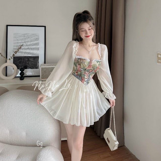 đầm voan tiểu thư tay dài phối hoa thổ cẩm đan trước