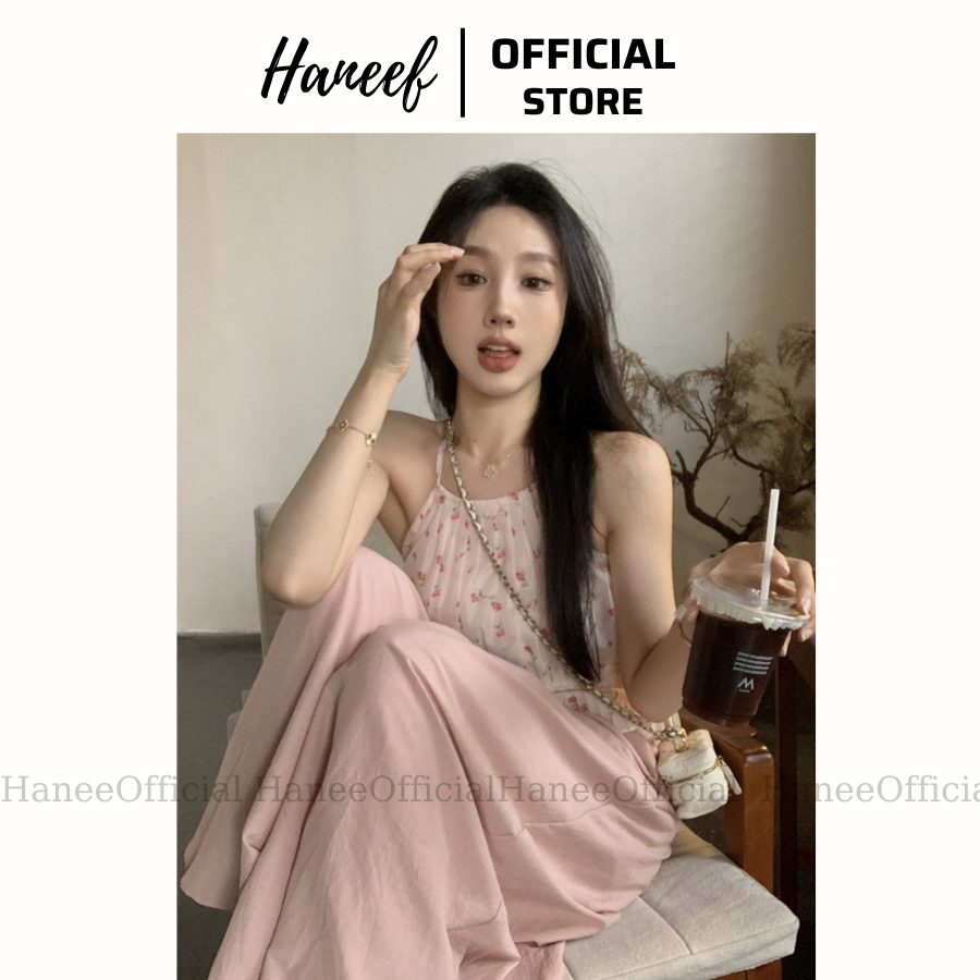 Set áo yếm hoa và quần ống rộng dễ thương, áo hở vai và quần ống rộng dành cho nữ, áo yếm buộc cổ