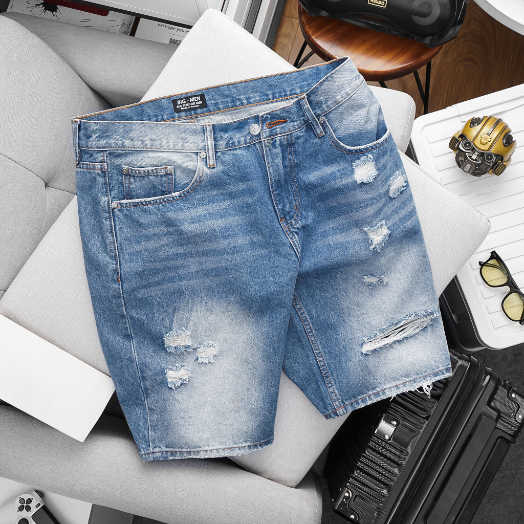 Quần short jean vải cotton tông màu xanh bigsize nam < 140kg