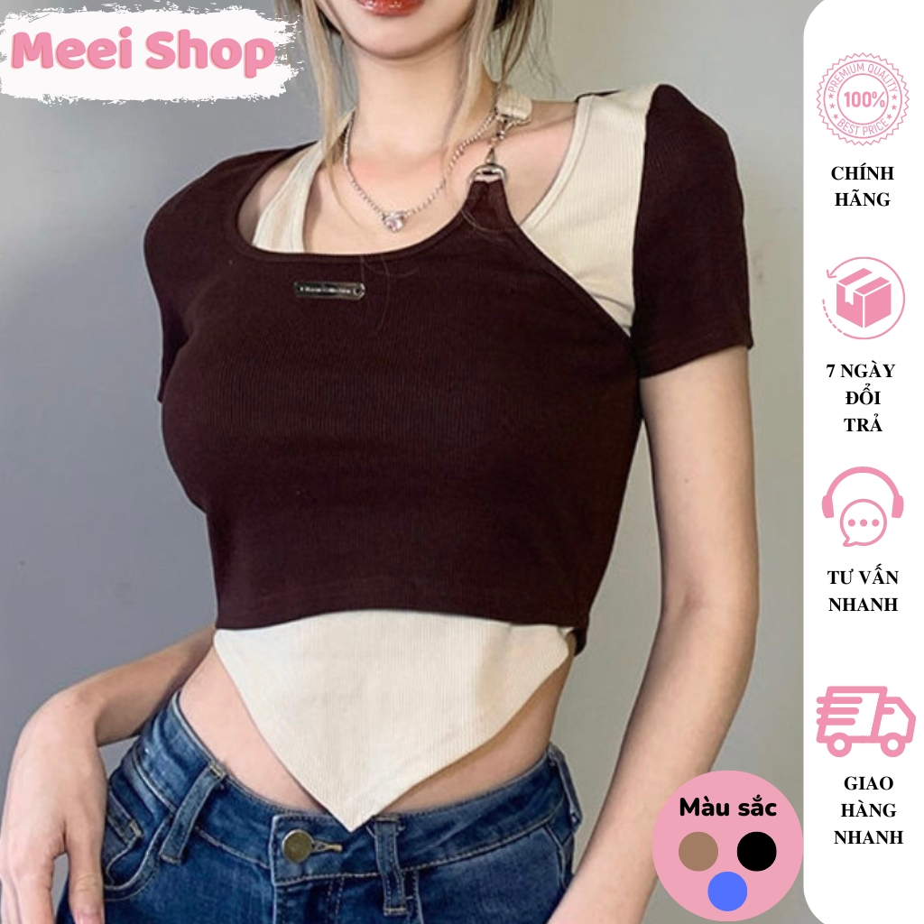 Áo croptop nữ ngắn tay vạt nhọn phối màu đặc sắc Meei Shop, Áo kiểu nữ cổ yếm phối xích chất thun gân mềm mịn- A79-