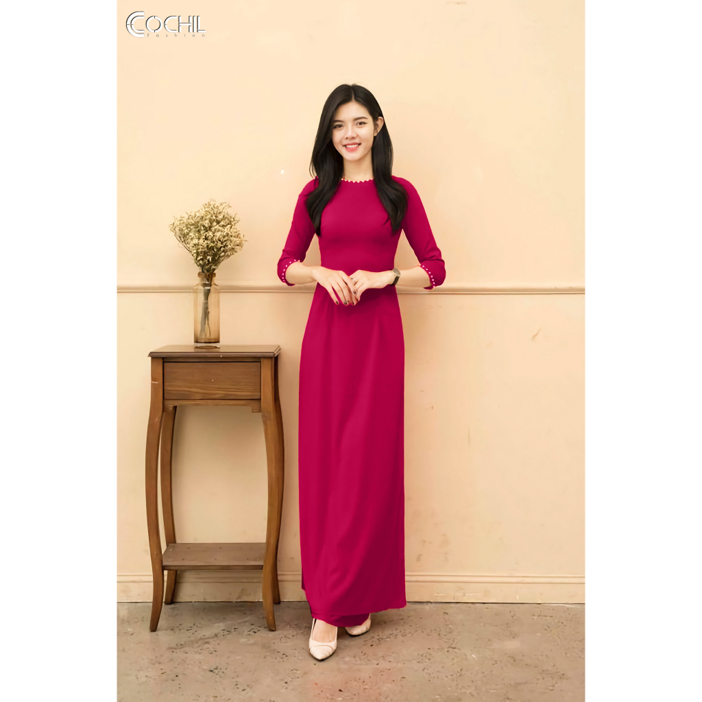 COCHIL | Áo dài trơn cổ tròn tay lỡ đính hạt lụa nhật màu đỏ đô - AD013