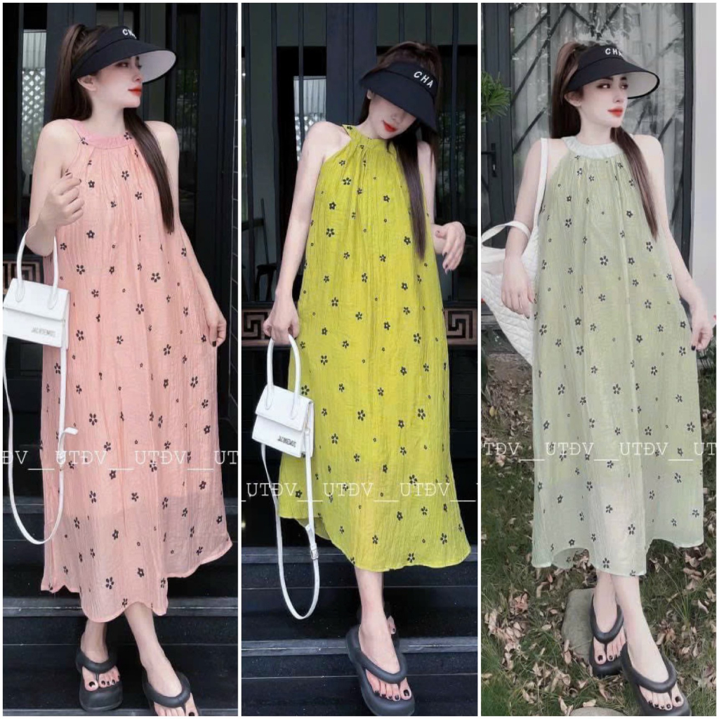 Đầm váy maxi nữ cổ tròn sát nách mix dáng váy suông dài dành cho các nàng đi chơi xinh, bầu bì chen chúc cực dễ thương.