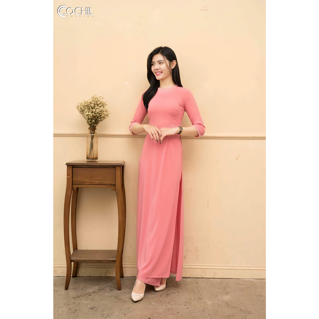 Áo Dài Trơn Cổ Tròn Tay Lỡ Đính Hạt - Hồng Đất - Áo Dài COCHIL - AD001