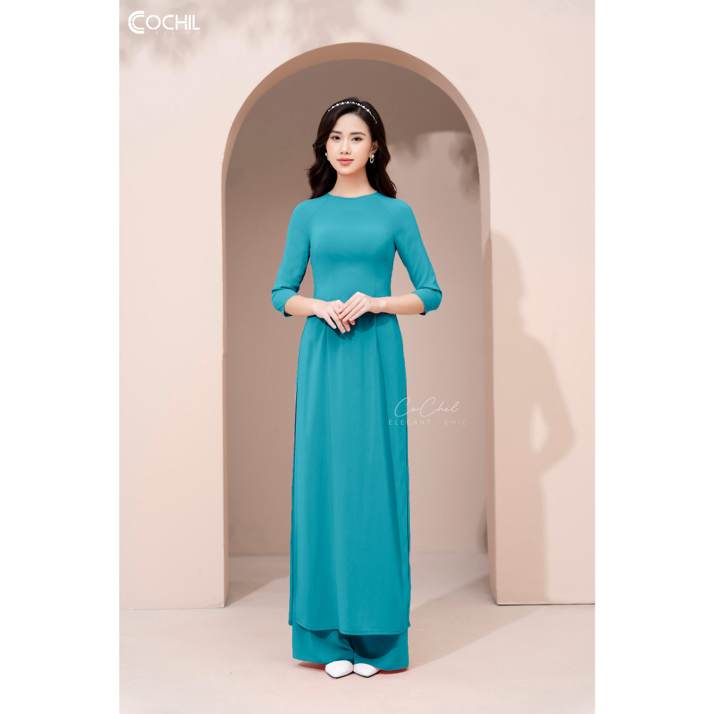 Áo Dài Trơn Cổ Tròn Tay Lỡ - Xanh Lam - Áo Dài COCHIL - AD002