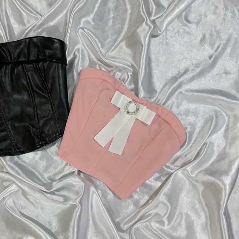 Áo ống trang trí nơ xinh đính đá trước ngực phong cách vintage nhẹ nhàng dễ thương cho nữ