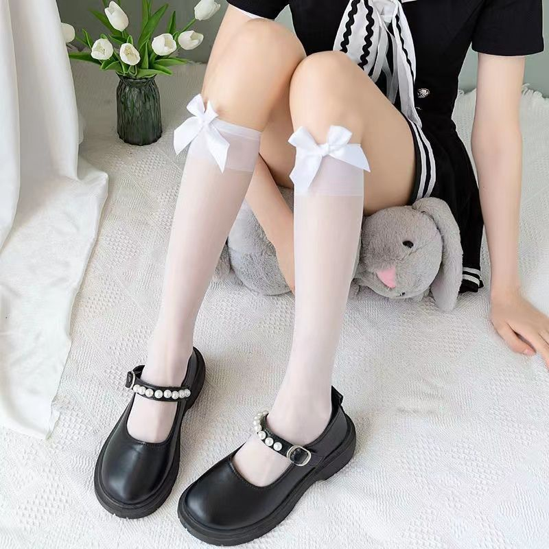 Vớ Lụa Mỏng Phối Ren Thắt Nơ Màu Đen / Trắng Đa Năng Cho Nữ