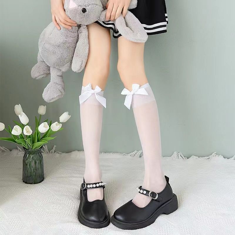 Vớ Lụa Mỏng Phối Ren Thắt Nơ Màu Đen / Trắng Đa Năng Cho Nữ