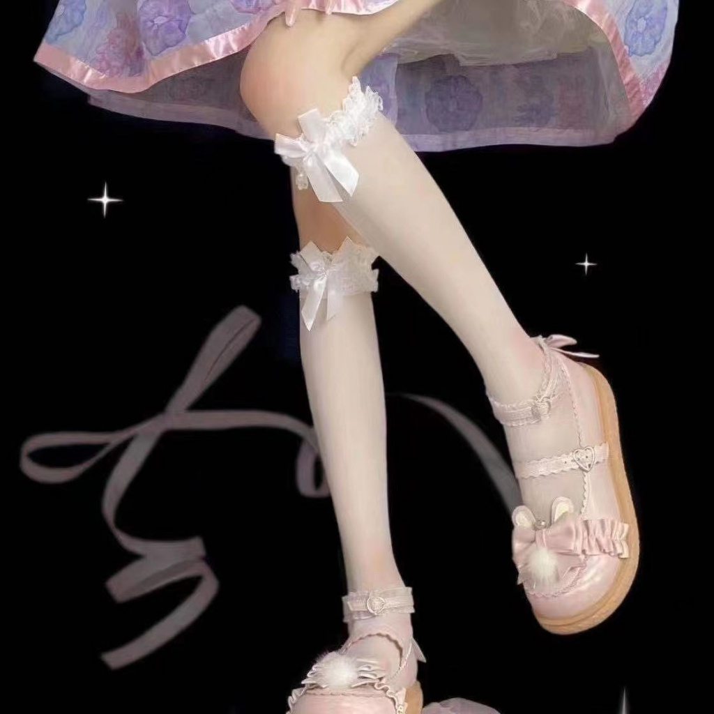 Vớ Lụa Mỏng Phối Ren Thắt Nơ Màu Đen / Trắng Đa Năng Cho Nữ