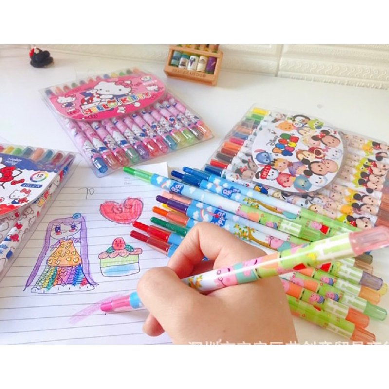 Bút sáp vặn cho bé tập tô 12/18/24 màu mẫu dễ thương