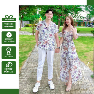 Set áo váy đôi sơmi in họa tiết hoa nhiệt đới đi biển đẹp
