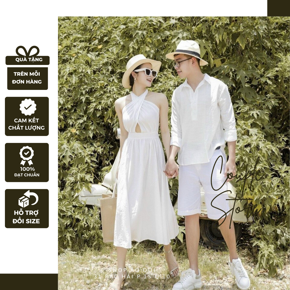 SET ĐỒ ĐÔI TÌNH NHÂN ÁO SƠ MI NAM ĐẦM NỮ ĐI BIỂN ĐẦM YẾM MÀU TRẮNG PHONG CÁCH HÀN QUỐC