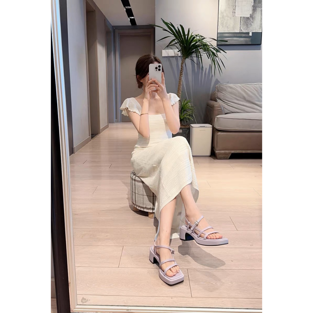 Sandal CK nữ quai mảnh gót vuông đế cao 5cm hàng Fullbox mẫu mới hè 2023