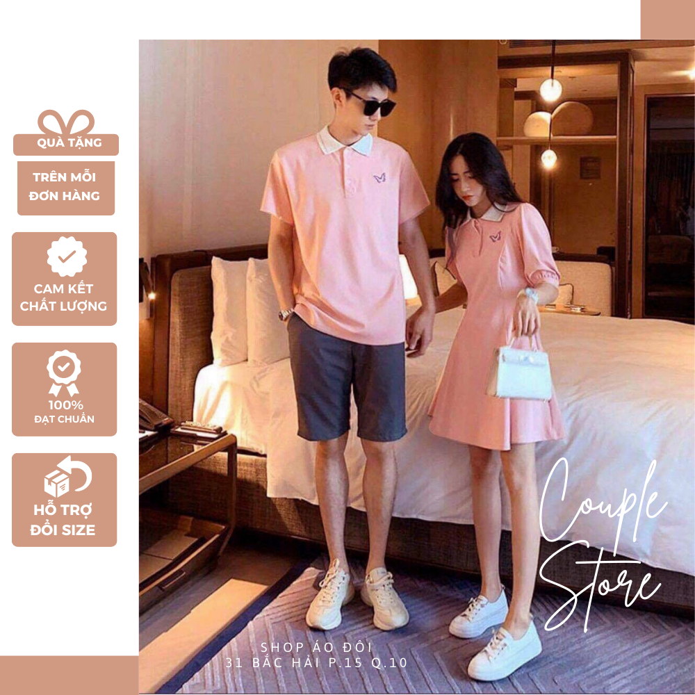 Áo váy thun đôi polo màu hồng hoạ tiết xinh được thêu tỉ mỉ ( Có ảnh thật)