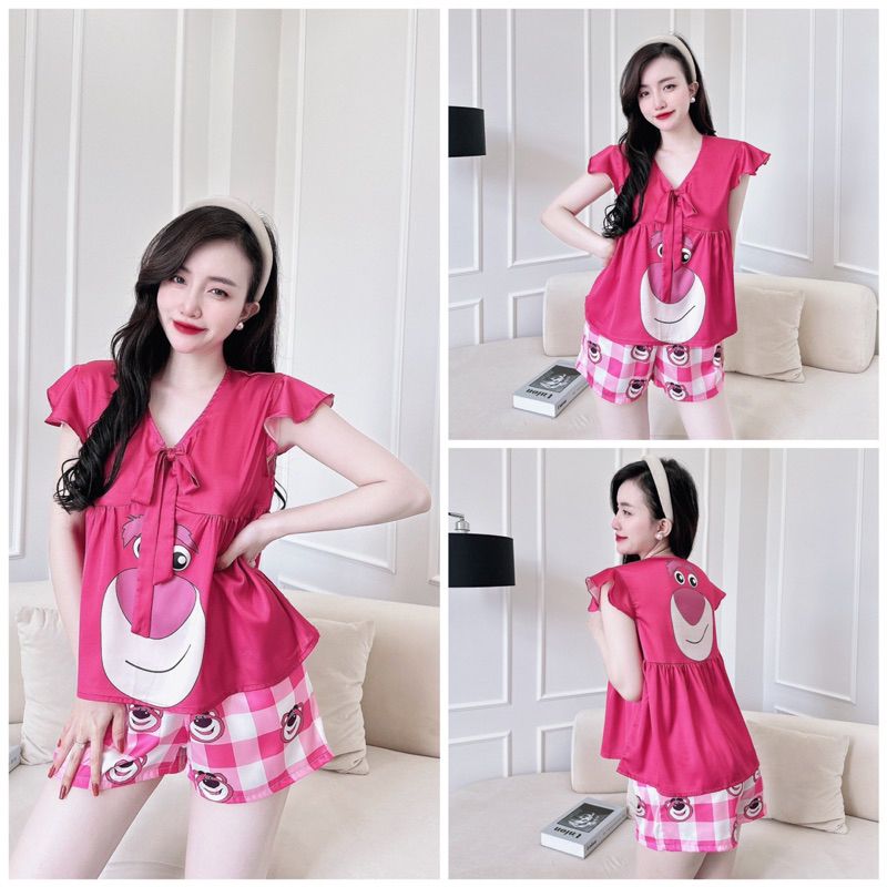 SP_071 Đồ bộ pijama BOLOBALA mặc nhà quần đùi áo tay cánh tiên cột nơ chất lụa latin xịn, hoạ tiết dễ thương