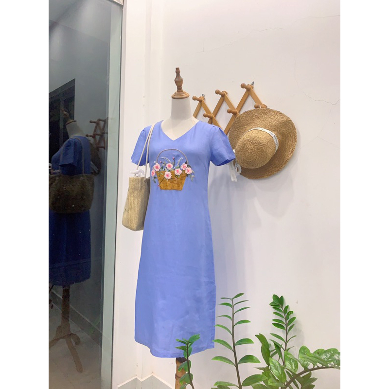[Tiệm MiiSon] Đầm Linen tưng màu xanh mát, hoạ tiết thêu tay hoa nổi