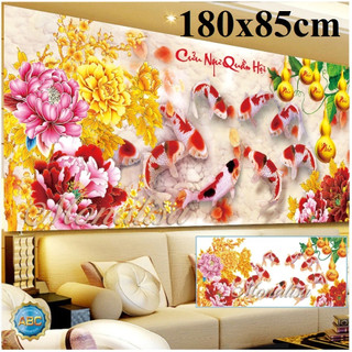 (KHO SỈ) Tranh đính đá, tranh thêu cá chép hoa mẫu đơn cữu ngư quần hội Y8267 Y8268 Y8269 E127